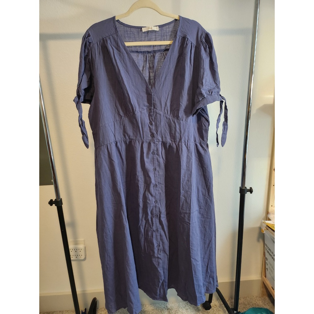 ZeExy Women's 2XL Blue Button Down Midi Dress Tie Sleeve Cotton Blend